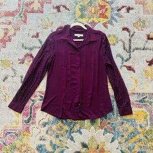 LOFT Deep Purple Lace Sleeve Button Down Blouse Size Medium